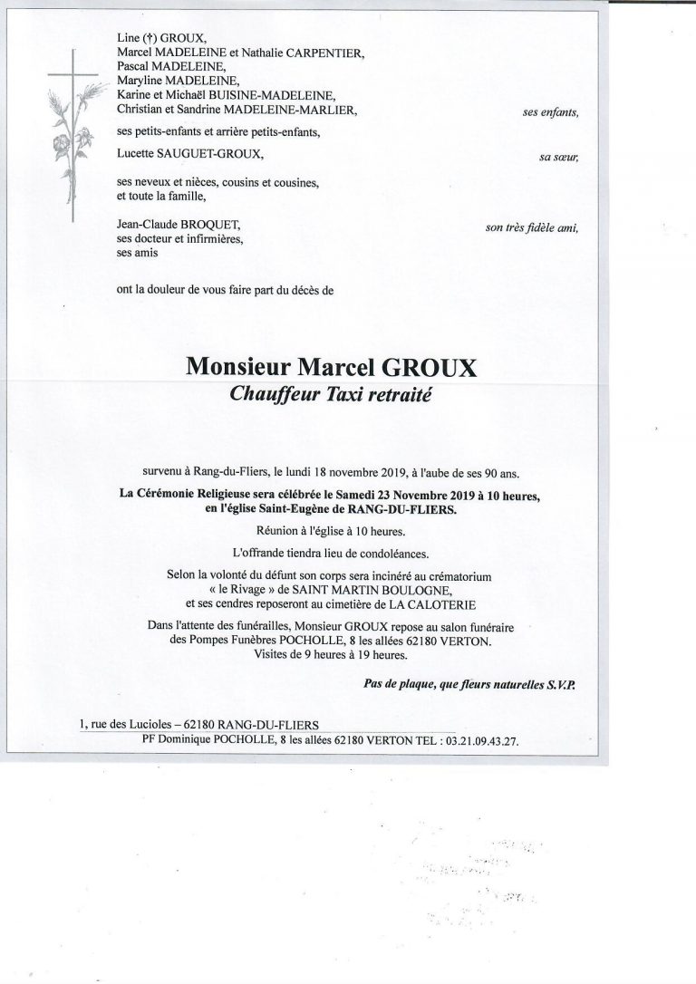 Avis de décès Marcel GROUX