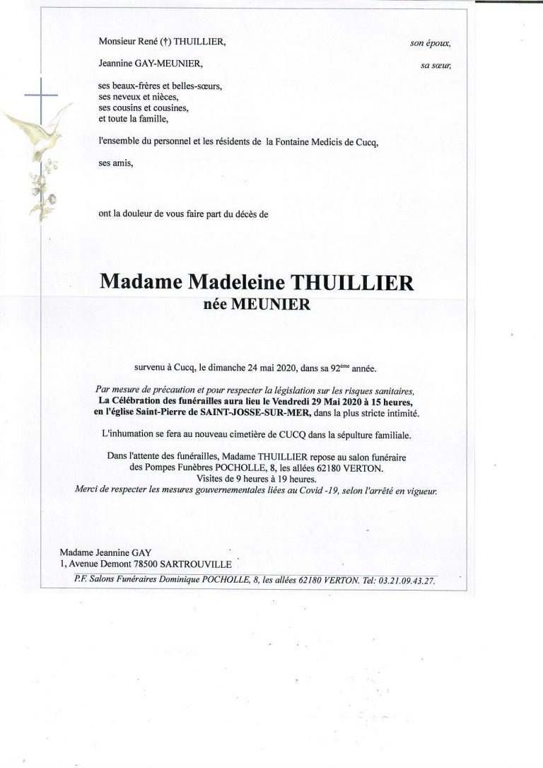 Avis de décès Madeleine THUILLIER née MEUNIER