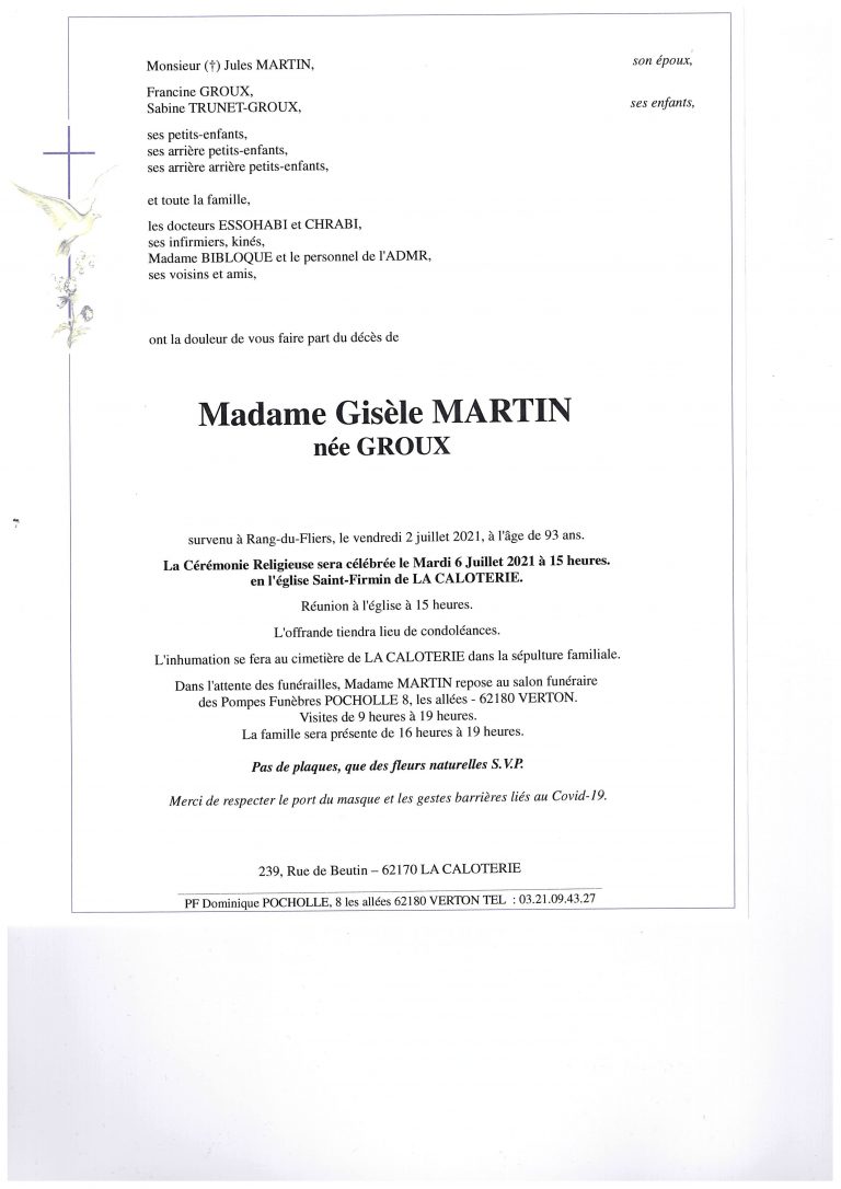 Avis de décès Gisèle MARTIN née GROUX