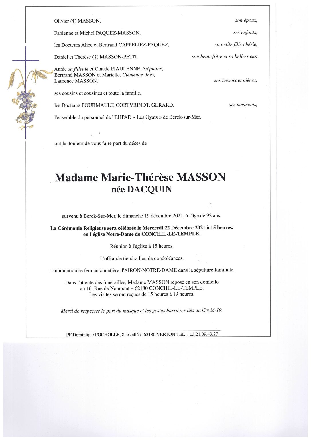 Avis de décès Marie-Thérèse MASSON née DACQUIN