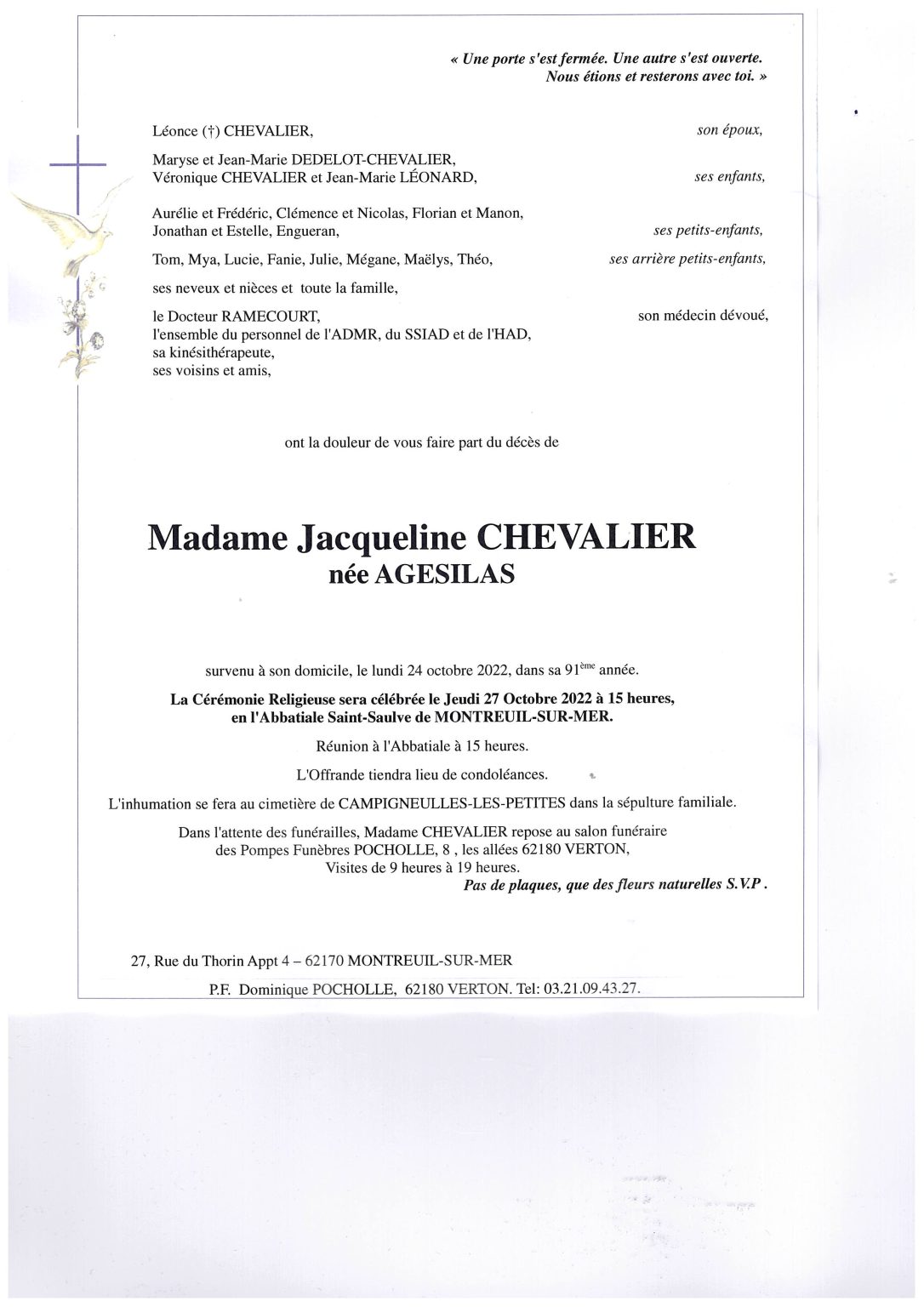 Avis de décès Jacqueline CHEVALIER née AGESILAS