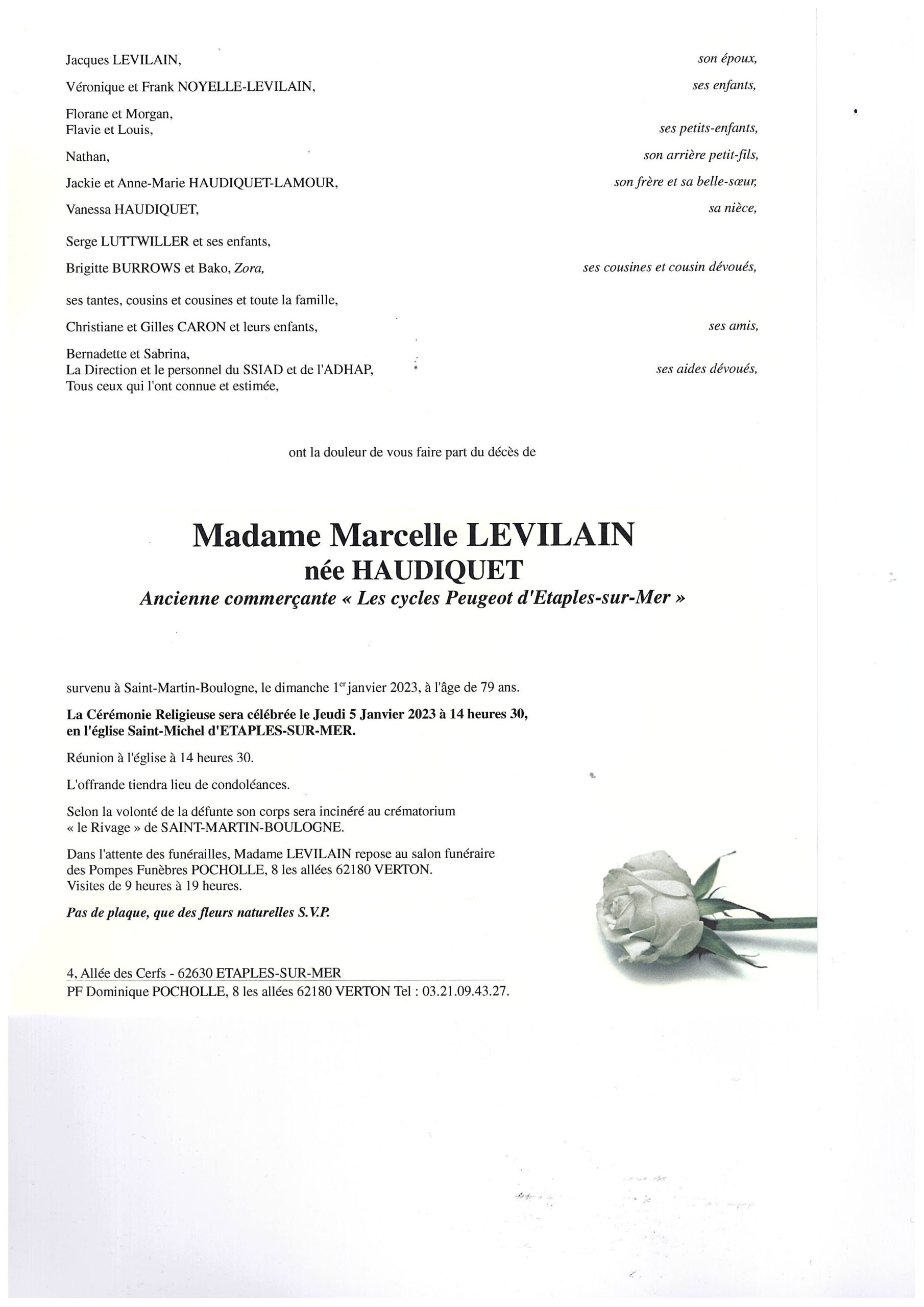 Avis de décès Marcelle LEVILAIN née HAUDIQUET